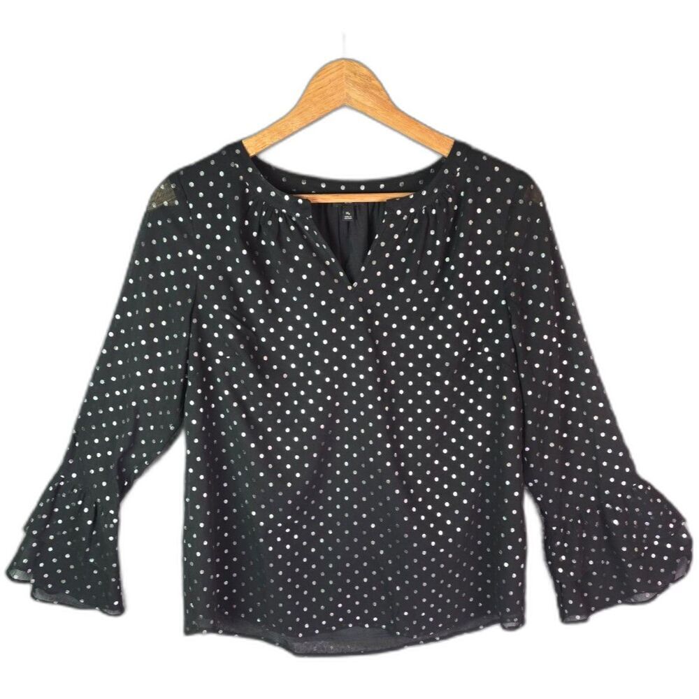 Talbots Womens Blouse Top Medium Petite Pullover V-Neck Black Silver Polka Dots